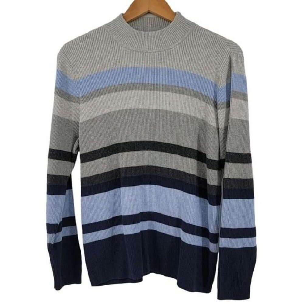 Karen Scott Striped 100% Cotton Ribbed Knit Mock Neck Sweater XL‎ - Picture 2 of 7